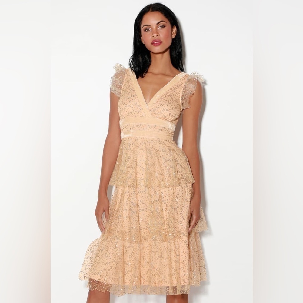 Lulus Dress Womens XS Champagne Beige Sequin Ruffled Midi Party